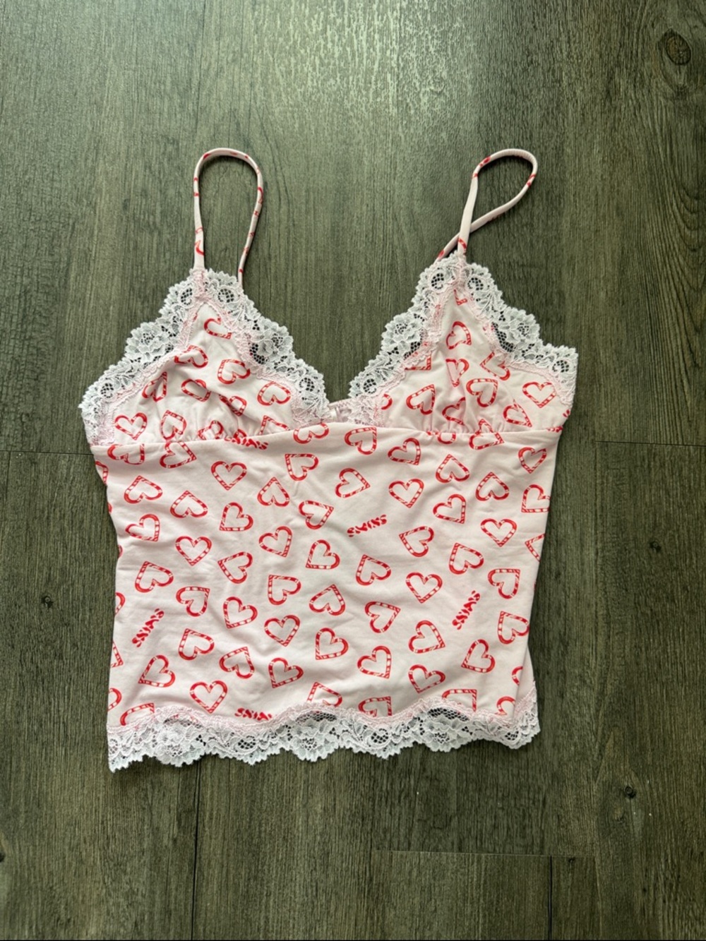 SKIMS Pink & Red Heart Print Lace Trim Camisole